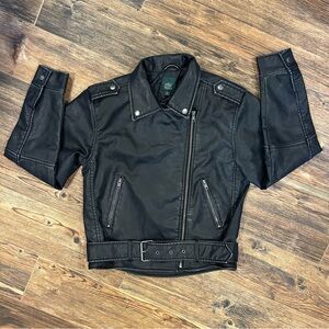 Wild Fable Black Faux Leather Moto Jacket XXS | Cropped Belted Biker Jacket